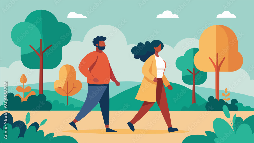Two people walking in a park engaging in mindful walking by being fully present and focusing on their surroundings..