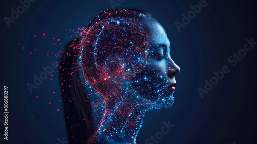 A woman's face is shown in a computer generated image with a blue