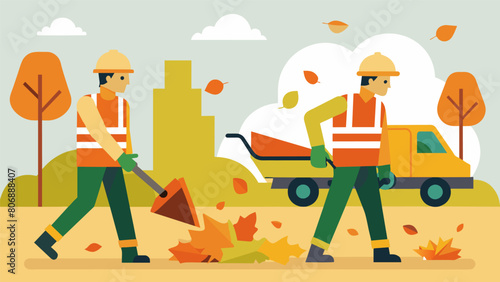 Workers wearing fallcolored safety vests and hard hats using specialized machinery to clear fallen leaves and debris from a construction site before. Vector illustration
