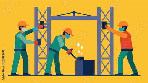 Welders carefully joining pieces of metal together to create the framework for the stations walls.. Vector illustration