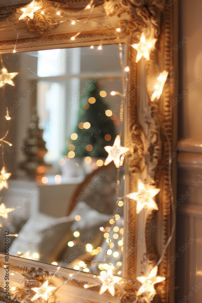 Mirror framed with fairy lights arranged in the shape of stars, reflecting a soft and enchanting glow. The lights add a celestial touch to the room. Mirror framed with fairy lights arranged in the shape of stars, reflecting a soft and enchanting glow. The lights add a celestial touch to the room.