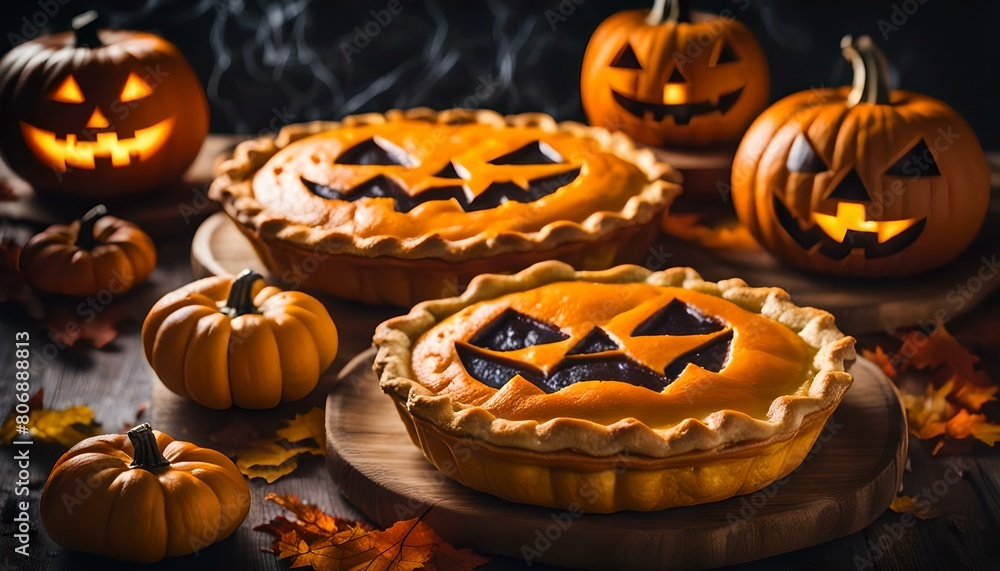 Halloween pumpkin pies with carved pumpkin or Jack-o-lantern face on top
Halloween pumpkin pies with carved pumpkin or Jack-o-lantern face on top