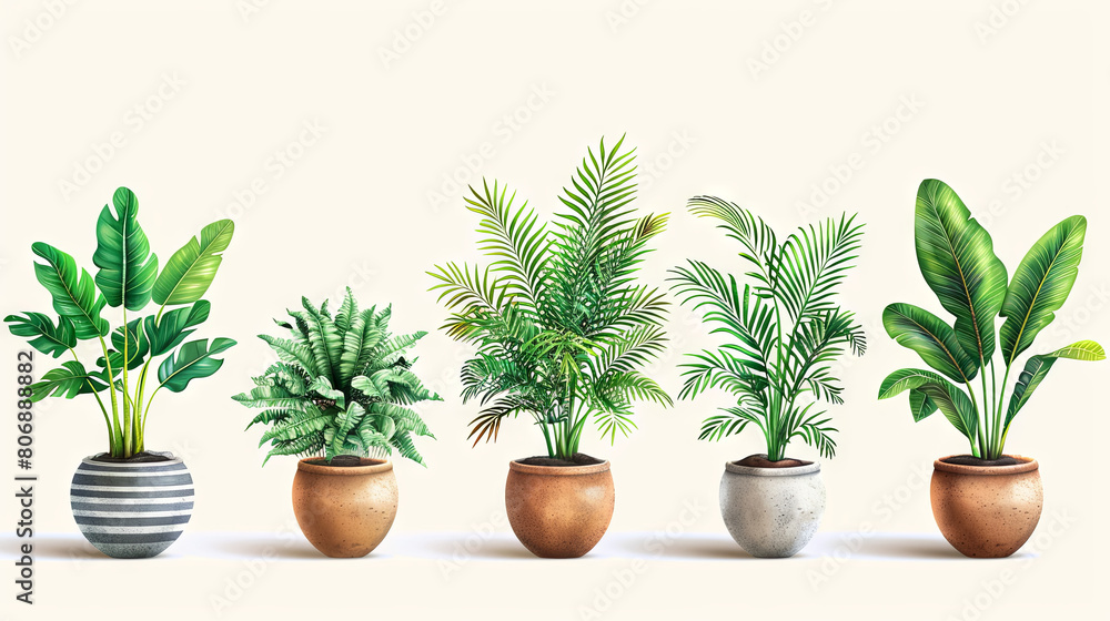 set of illustration of indoor houseplant, light background