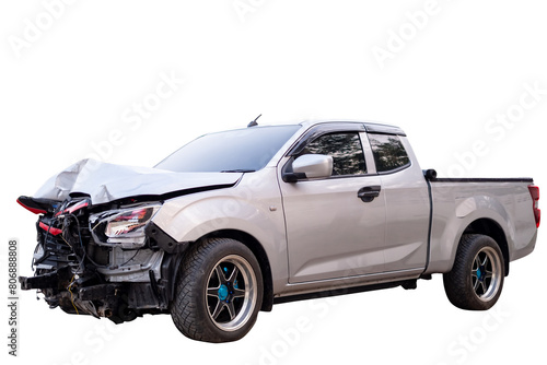 Front of gray or bronze pickup car get damaged by accident on the road. damaged cars after collision. isolated on transparent background, PNG File