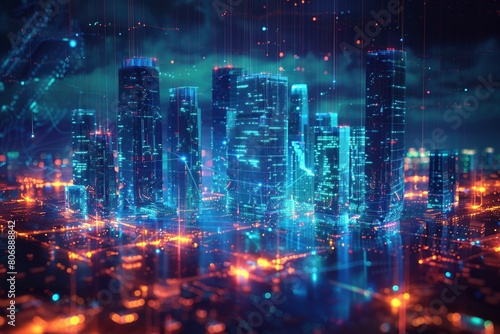 Futuristic cityscape rendered in a holographic projection  its buildings pulsating with neon blue light.