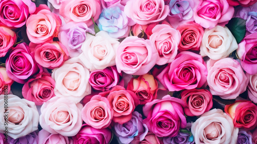 Nature  flower buds of pink roses in summer top view  wallpaper background. AI generated.