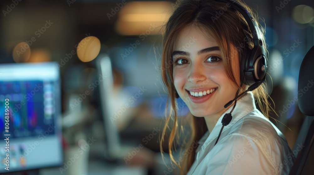 woman working in a call center, looking at the computer screen in front of her. She is 40 years old. with headset and a microphone. woman working in a call center, looking at the computer screen in front of her. She is 40 years old. with headset and a microphone.