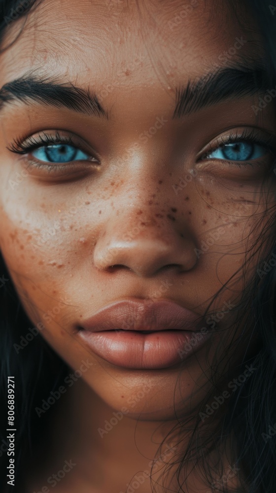 Close-up portrait photo of a beautiful girl. The girl has a mulatto complexion, her eyes are celestial blue, she has long black hair, her lips are plump, her nose is bulbous. Close-up portrait photo of a beautiful girl. The girl has a mulatto complexion, her eyes are celestial blue, she has long black hair, her lips are plump, her nose is bulbous.