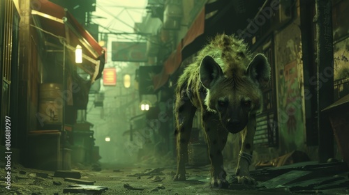 A post-apocalyptic city where a lone dog wanders the deserted streets.