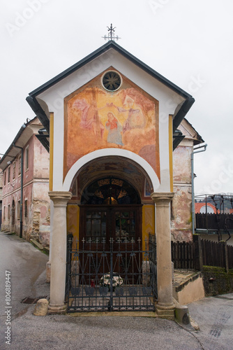 Lepo Znamenje, known as the Beautiful Shrine, in a southern suburb of Skofja Loka, in Gorenjska, Slovenia