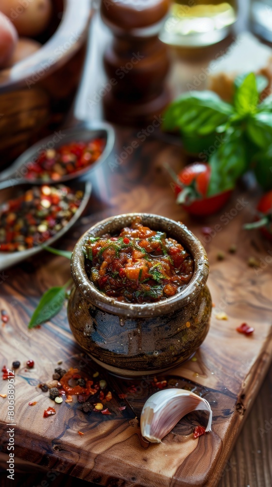 Pesto sauce with tomatoes, basil and spices on wooden background Pesto sauce with tomatoes, basil and spices on wooden background