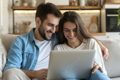 A couple sitting on a couch together, engaged and focused, looking at a laptop screen © SHOTPRIME STUDIO