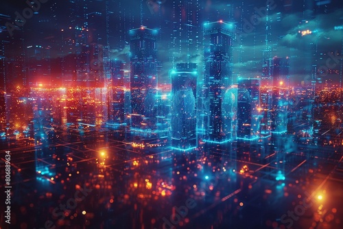 Wallpaper Mural A shimmering holographic projection of a cityscape bathed in neon blue hues. Torontodigital.ca