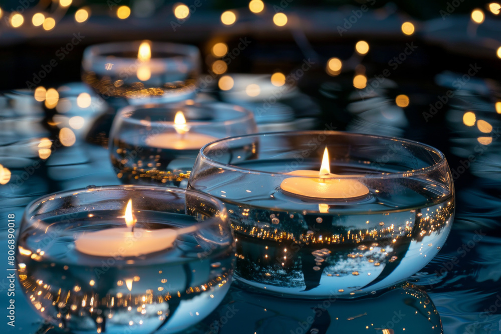 Floating candles in glass bowls filled with water and topped with fairy lights. The lights reflect off the water's surface, creating a tranquil ambiance Floating candles in glass bowls filled with water and topped with fairy lights. The lights reflect off the water's surface, creating a tranquil ambiance