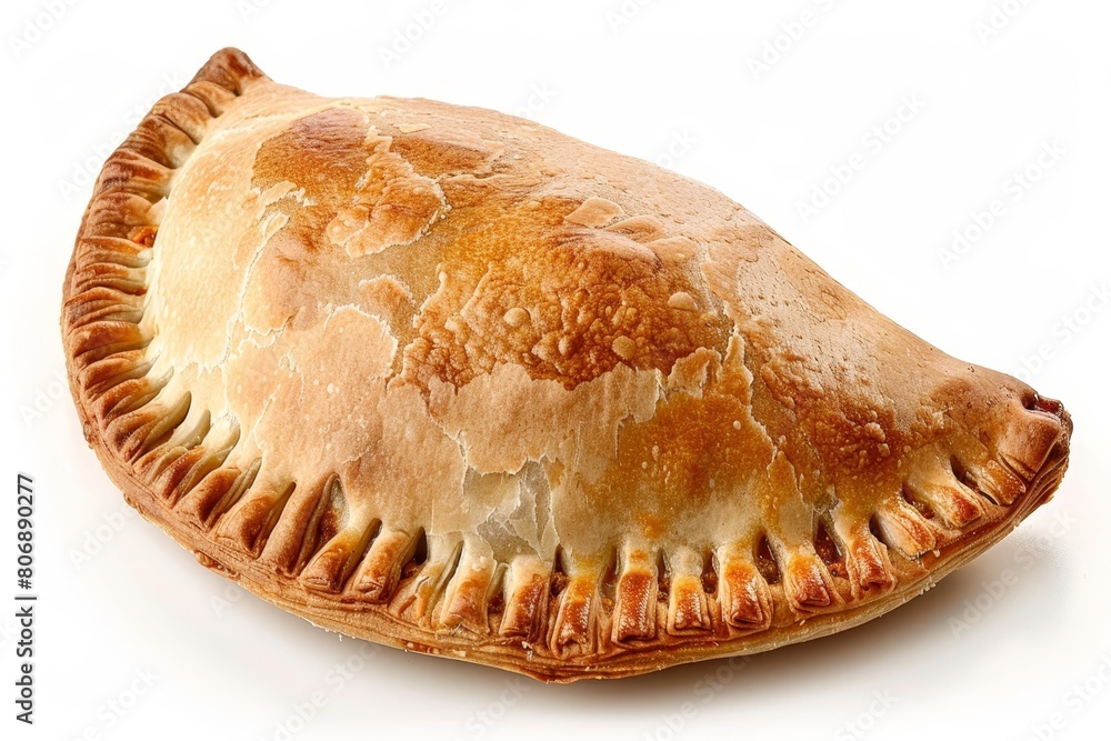 Golden brown curry puff pastry close up on white background, hinting warmth and freshness Golden brown curry puff pastry close up on white background, hinting warmth and freshness