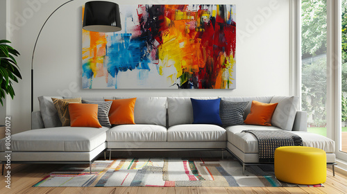 Contemporary Chic: A Stylish Living Room with Vibrant Abstract Paintings and a Modern Sectional Couch