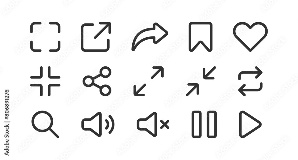 User interface icon. Social media button. UI UX app, website. Link, sound, share, search set. User interface icon. Social media button. UI UX app, website. Link, sound, share, search set.