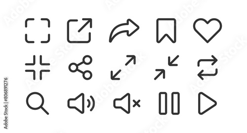 User interface icon. Social media button. UI UX app, website. Link, sound, share, search set.