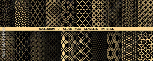 Geometric set of seamless black and golden patterns. Simple vector graphics