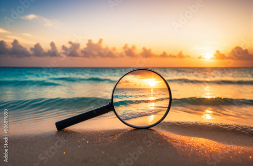 Beautiful beach with sea waves which is visible through a magnifying glass, The concept of carefully choosing your vacation, design for a travel agency