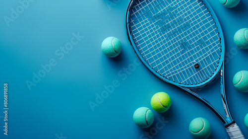Tennis Racket and Balls Flat Lay with Space for Text, Sports Equipment for Recreation and Training, Generative Ai   © Dzynee