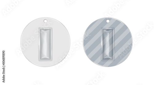 Cardboard and clear plastic blister box package with hanging hole. Vector mock-up. Small goods individual packaging. Realistic mockup. Easy to edit. Template for design