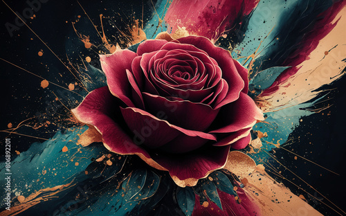 A striking digital artwork featuring a dark red rose at the core, encircled by energetic spatters of gold, blue, and turquoise paint on a deep background. The design portrays movement and vitalit photo