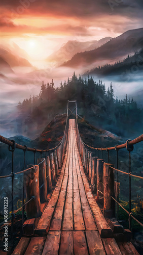 The image showcases a vibrant sunrise over a mist-covered mountain landscape. It is viewed from the perspective of an old wooden suspension bridge that appears to lead into the foggy distance. Ra...