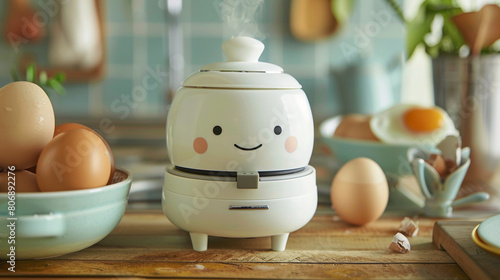 A cozy egg cooker with a smiling face, boiling or poaching eggs to perfection.