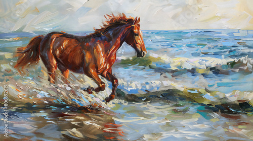 Intricate Equine Majesty  A Chestnut Horse Gallops with Vigor Along the Shore in this Artistic Portrayal of Nature s Beauty and Wildness