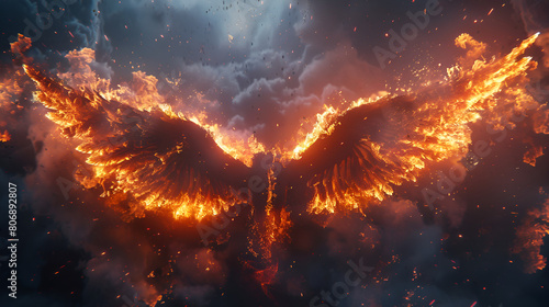 Fiery Wings in Flame with Dramatic Glow, Illustration of Burning Phoenix Wings, Symbol of Rebirth and Transformation, Generative Ai