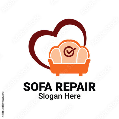 Furniture Repairing Logo Design. Furniture Repair Restoration. Sofa Fix Vector. Couch Maintenance Tick Approval Icon, Sign Symbol Element.