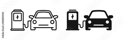 Electric car icon set. Electromobile charging station. Auto accumulator recharging. Electric car charge station icons