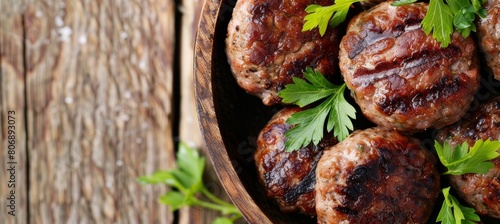Tempting polish sausage cutlets in bowl on rustic wooden backdrop, enhancing savory appeal