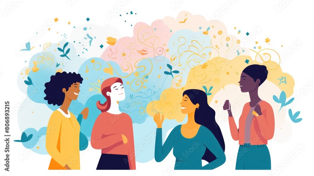 Positive affirmations cartoon illustration - Generative AI. People, woman, man, smiling, colorful. Positive affirmations cartoon illustration - Generative AI. People, woman, man, smiling, colorful.