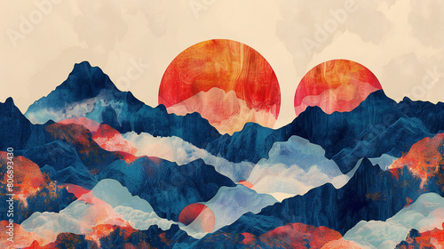 Japanese Modernity: A Seamless Pattern of Harmonious Beauty with a Mountain Collage Graphic Background