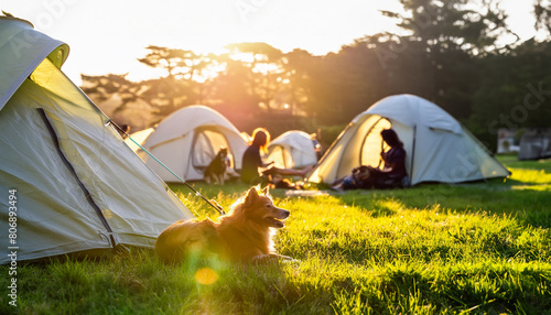 夕方のキャンプ場でテントの前でお座りする犬が可愛い