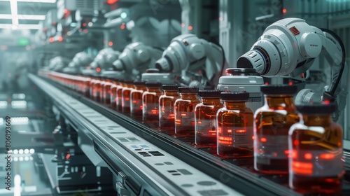 Illustrate a futuristic concept of an entirely automated production line in a pharmaceutical factory, operated solely by advanced robots