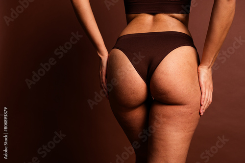 Cropped photo of fatty pretty lady underwear standing back enjoying self acceptance empty space isolated brown color background