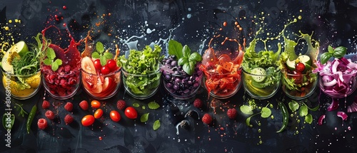 Illustrate a menu board for a vegan restaurant, featuring artistic renditions of fresh salads with dressings splashing around, drawing attention to each option photo