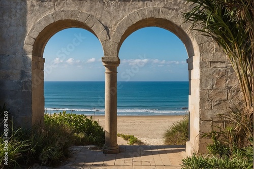 Serene beach view through an arched doorway