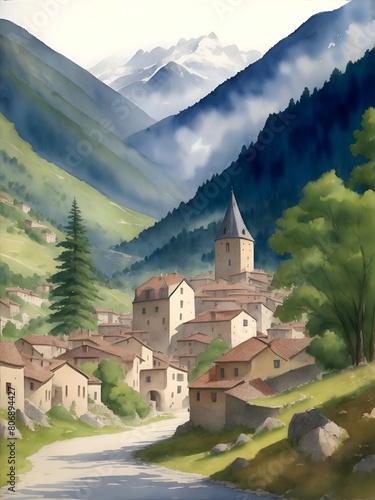 Encamp Andorra Country Landscape Illustration Art