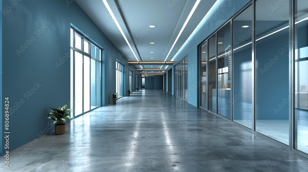A Spacious Blue Office Corridor: A Loft-Style Business Space with Concrete Floors, Continuous Ceiling Lights, and Loft-Style Windows, Embracing a Financial Design Theme