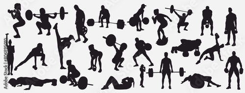 Gym and fitness silhouette collection. Set of fitness people doing fitness and gym activities. 