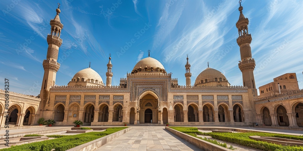 Fototapeta premium Against clear blue sky, majestic traditional Arabic architecture displays intricate details