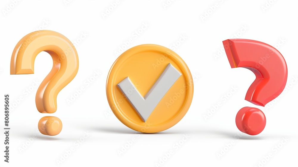 Set of 3D signs including check mark, question mark, and caution, isolated on white background for vector design Set of 3D signs including check mark, question mark, and caution, isolated on white background for vector design