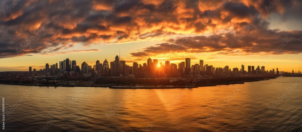 Naklejka premium Panorama of the city skyline at sunset
