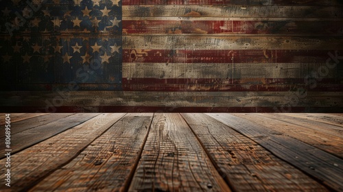 Empty Wooden Table Against the Backdrop of an American Flag,US Memorial Day photo