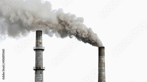 realistic photo of a smokestack emitting thick smoke against a stark white background, symbolizing air pollution from fossil fuels