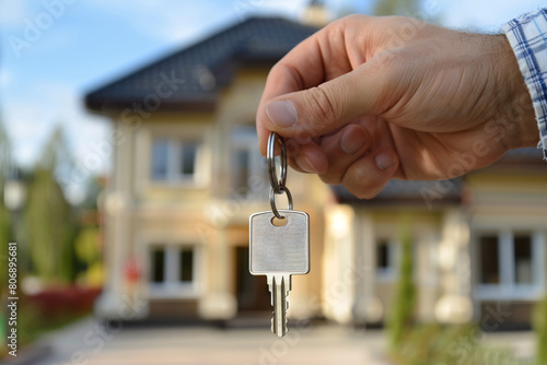 Hand presenting a house key in front of a large two-story house with a tiled roof